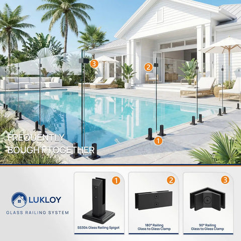 Poolside view with 10 Pack No Drill Matte Black T304 Stainless Glass Spigots supporting glass fence.