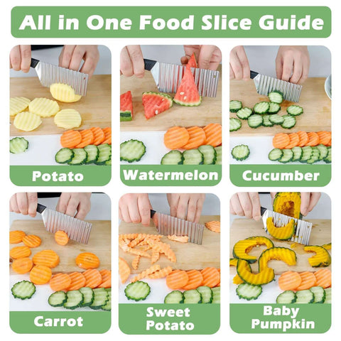 Suuker crinkle cut knife for veggies; stainless steel blade, black handle; slices potatoes, cucumbers, carrots.