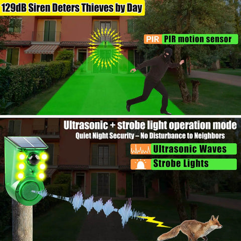 Solar Outdoor Motion Sensor Alarm With Ultrasonic Detection 129dB Siren Strobe Light For Home Villa Yard Farm Barn Chicken Coop 5 Adjustable Modes Day And Night Security System mounted outdoors on pole with solar panel