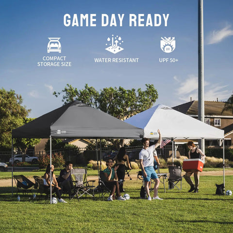 People enjoying shade under Pop Up Canopy With One Push Center Lock Technology For Fast Easy Setup In Seconds 10x10 Ft at outdoor event