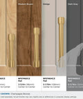 Real Deal Transitional Champagne Bronze Cabinet Pull And Drawer Handle displayed on cabinet samples in various sizes, 6 5/16 inch shown.