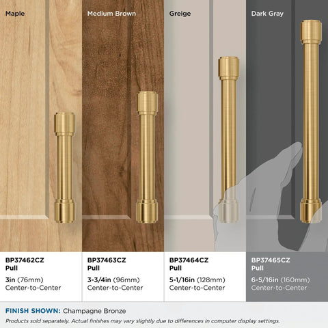 Real Deal Transitional Champagne Bronze Cabinet Pull And Drawer Handle displayed on cabinet samples in various sizes, 6 5/16 inch shown.