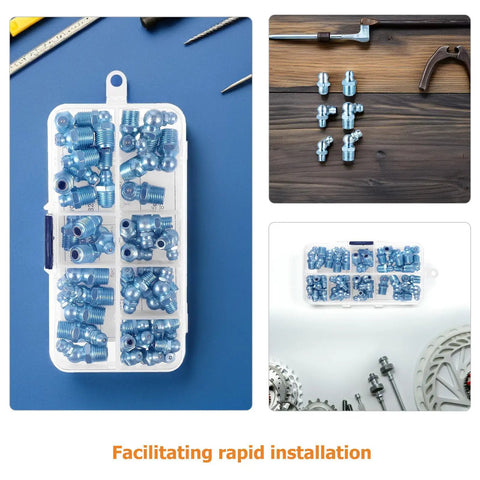 Get Ready For Heavy Work With This 100 Piece Grease Fitting Kit Featuring 45 Degree Angled Hex Heads In Zinc Plated Iron For Quick Installation And Fast Service Repairs Anywhere You Need Reliable Parts. 100-piece grease fitting kit in organizer