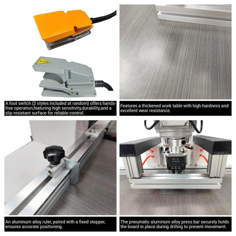 3-In-1 Vertical And Horizontal Drilling Machine For Cabinet Hinges And Connector Holes, foot pedal and worktable details