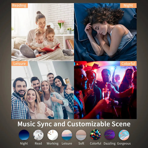 WiFi RGBCW Recessed Lighting Kit 6 Pack, 6 Inch Downlights, images of reading, sleeping, socializing, and party scenes