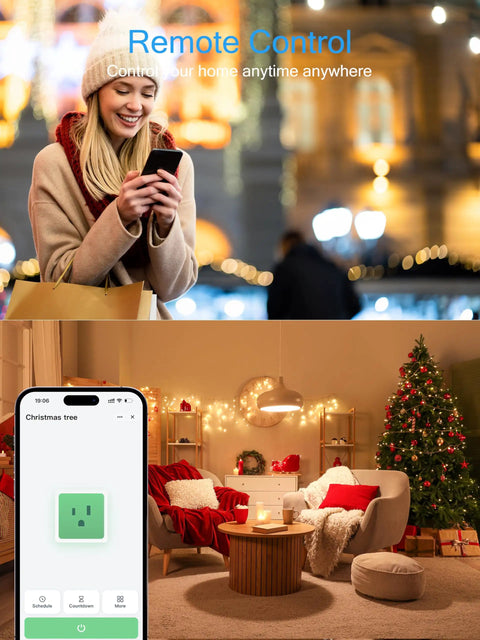 Woman using phone to control High Power 15A Smart Plug With Bluetooth And WiFi for beefy load appliances like coffee makers, heaters, and ACs