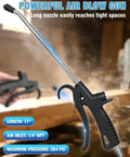 Heavy Duty Air Blow Gun With Long Nozzle Pumps Out Serious Compressor Air To Blast Away Stubborn Shop Dust Heavy Duty Pneumatic Blower Features Adjustable Trigger For Garage Auto Detailing And Workshop Cleanup Projects, 17 inch long with 284 PSI pressure.