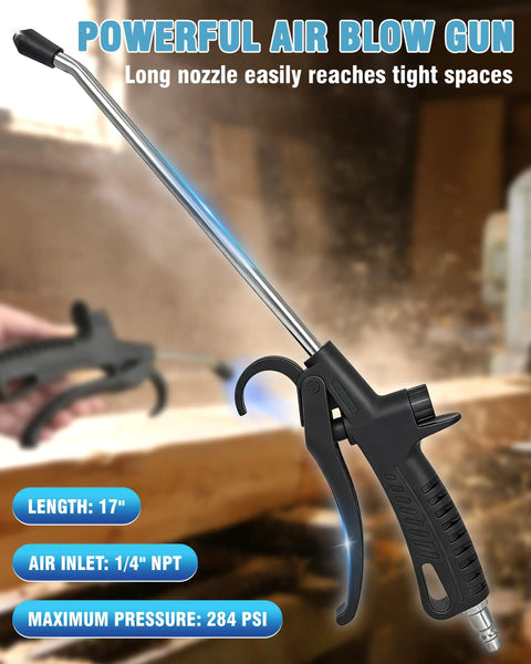 Heavy Duty Air Blow Gun With Long Nozzle Pumps Out Serious Compressor Air To Blast Away Stubborn Shop Dust Heavy Duty Pneumatic Blower Features Adjustable Trigger For Garage Auto Detailing And Workshop Cleanup Projects, 17 inch long with 284 PSI pressure.