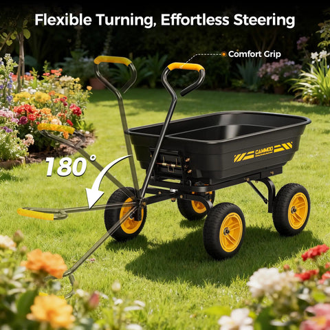 Heavy Duty Garden Dump Cart With No-Flat 10-Inch Tires in garden, showing 180-degree flexible turning, surrounded by flowers