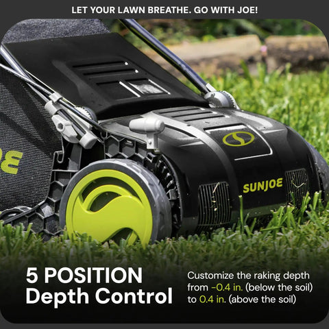Close-up of the 15 Inch Electric Lawn Dethatcher With Scarifier Blade Reel And Collection Bag For Grass Thatch Removal Powered By A 13 Amp Corded Yard Power Rake Tool Built For No Fuss Cleanups And Greener Lawn Care AJ805E, showing the side view with 5-position depth control.
