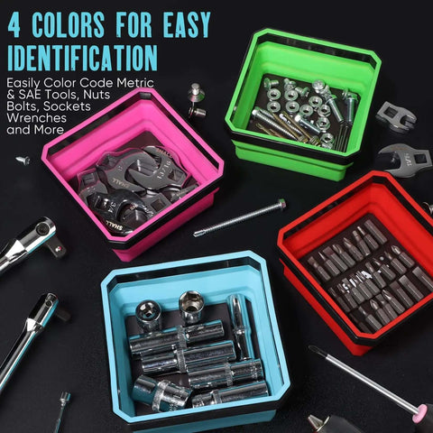 New Version Collapsible Magnetic Parts Tray Set Four Pack With Four Point Five Inch Square Silicone Foldable Bowls And Dual Sided Magnetic Base