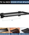 Two Pack Heavy Duty Garage Wall Shelves 24 By 12 Inches Black Steel Wall Mounted With Raised Edge Guard Rust Resistant And Tough Each Shelf Holds Up To 150 Lbs Ideal For Tools Cans Balls And Gear. 16-inch stud spacing wall shelf