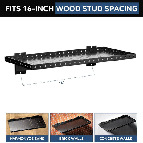 Two Pack Heavy Duty Garage Wall Shelves 24 By 12 Inches Black Steel Wall Mounted With Raised Edge Guard Rust Resistant And Tough Each Shelf Holds Up To 150 Lbs Ideal For Tools Cans Balls And Gear. 16-inch stud spacing wall shelf