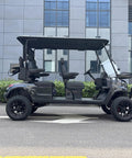 Black 4 Seater Electric Golf Cart With Durable Roof And Clear Windshield Including Front Basket And Rear Cargo Box side view on street