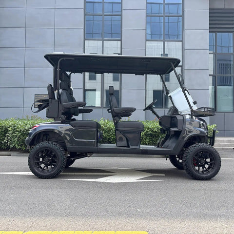 Black 4 Seater Electric Golf Cart With Durable Roof And Clear Windshield Including Front Basket And Rear Cargo Box side view on street