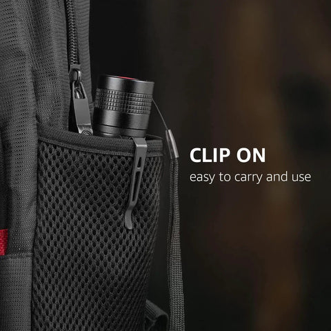 Ultra Bright LED Flashlight With Clip in mesh pocket, showing portable design and clip attachment for easy access