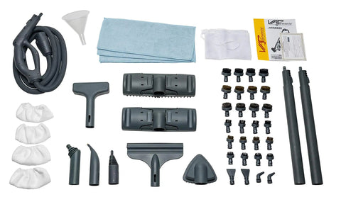 Heavy Duty Commercial Steam Cleaner Kickin Out Stubborn Grime With Chemical Free Power And Thick Stainless Boiler Plus Fifty Pro Nozzles includes various attachments for versatile cleaning.