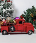 11 Inch Iron Red Truck Pickup Model Decor For Christmas Tabletop Centerpiece Totally Vintage Rustic Farmhouse Metal Truck Decoration Collectible Holiday Accent For Dining Room Mantel Or Shelf in snow-covered holiday setting