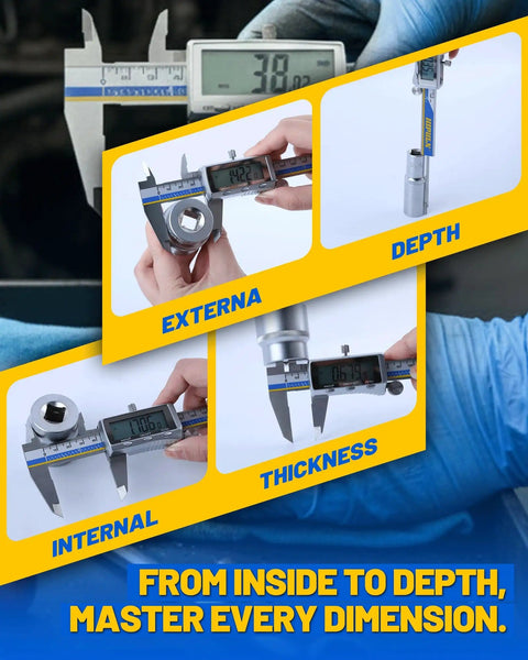 6 Inch Digital Caliper With USB C Charging Stainless Steel Measuring Tool 4 In 1 Caliper With Large LCD Screen shown in use.
