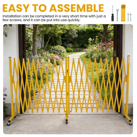 Worksite Tough Heavy Duty Steel Traffic Barricade With Smooth Glide Wheels And No Fuss Scissor Safety Gate in yellow, easily installed, outdoors.