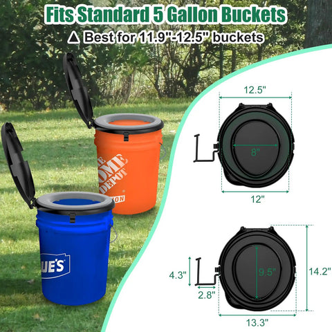 Universal 5 Gallon Bucket Toilet Seat With Pillowy Comfort And Snug Lid showcases design for standard buckets in outdoor setting.