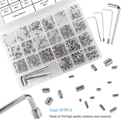 380 Piece 19 Size 304 Stainless Steel Hex Socket Cup Point Set Screw Assortment With Seven Allen Keys And Tough As Nails Vibration Resistant Build For Rock Solid Heavy Duty Setup