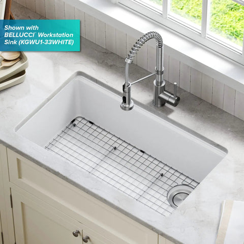 Bellucci Series Stainless Steel Kitchen Sink Bottom Grid With Soft Rubber Bumpers For 33 Inch Sink shown in white basin