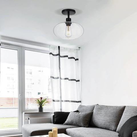 Semi Flush Mount Ceiling Light With Clear Glass Shade Modern Vintage Vibe Fixture in living room with grey sofa