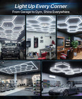 Multiple views of Gen II Hexagon LED Light 168W 16800LM Beast Bright 6500K Honeycomb Grid Panel installed in various settings.