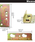 Rock Solid No Mortise Bed Rail Brackets 4 Pack Hella Sturdy Rust Proof Iron Clips For Wood Beds No Sweat Assembly Tight Grip shown at various angles with measurements.