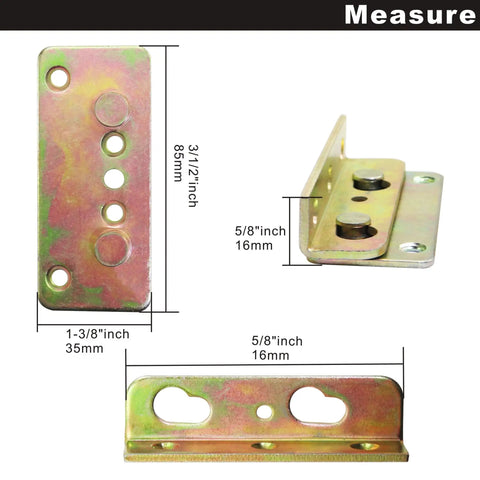 Rock Solid No Mortise Bed Rail Brackets 4 Pack Hella Sturdy Rust Proof Iron Clips For Wood Beds No Sweat Assembly Tight Grip shown at various angles with measurements.