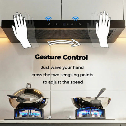 30 Inch Under Cabinet Range Hood With 750 CFM Power, Three Speed Gesture Sensing And Touch Control feature in kitchen setting