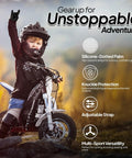 Youth Motocross Gloves For Kids And Teens Pro Grade Protection For Dirt Bike And BMX Riders Durable Grip Breathable Comfort Fit For Boys And Girls Built For Future Champions on a young rider with fingerless style, dirt bike in focus.