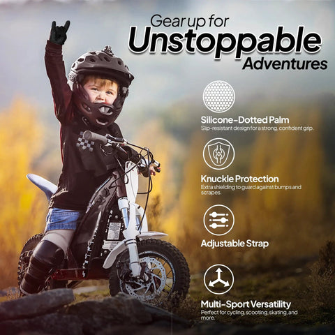 Youth Motocross Gloves For Kids And Teens Pro Grade Protection For Dirt Bike And BMX Riders Durable Grip Breathable Comfort Fit For Boys And Girls Built For Future Champions on a young rider with fingerless style, dirt bike in focus.