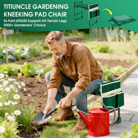 Senior using Heavy Duty Garden Kneeler And Seat For Seniors With 420 Lbs Capacity Anti Tip Multifunctional Gardening Stool Bench with tool bag.