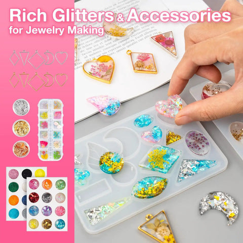All In One UV Resin Kit With Light And Molds 300g Crystal Clear Hard UV Curing Premixed Resin Starter Jewelry Making Kit with dried flowers and glitter in molds.