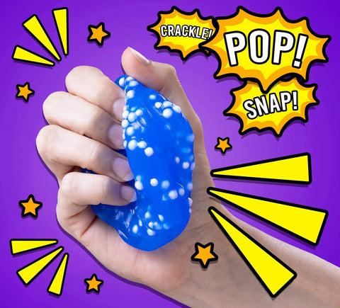 Hand holding Crackle And Kracken Thinking Putty in a 4 Inch Tin, Multi Color Sensory Fidget Putty, stress relief toy with white foam beads.