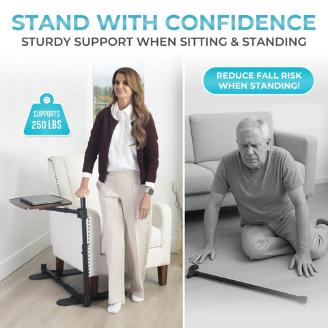 Woman using Wonder Tray Plus Adjustable Recliner Swivel TV Tray With Easy Grip Standing Handle for seniors, supporting 250 lbs.