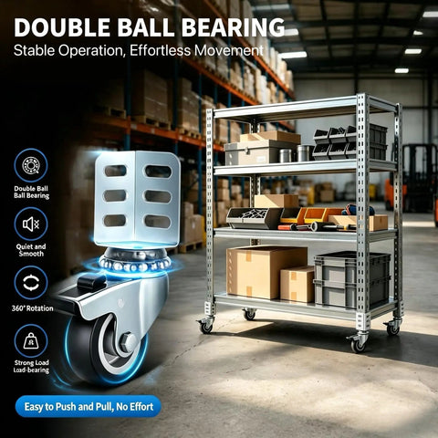 Heavy Duty Swivel Casters Badass Strength Storage Rack Wheels For Shelves Tables And Cabinets Supporting Up To 720 Lbs Total Weight Without Breaking A Sweat Garage Ready on shelves, showcasing smooth and stable movement.