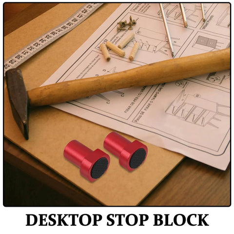 Red 8 Piece Aluminum Alloy Limit Cards for Workbench Non Slip Clamps beside a hammer and woodworking plans