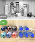 Heavy Duty Water Bottle Organizer For Cabinet Stackable Pantry Storage Rack Clear Shatter Proof Holder No Sweat Organization Big Time Space Saver Used For Kitchen Counter And Fridge Two Pack showing before and after organization.