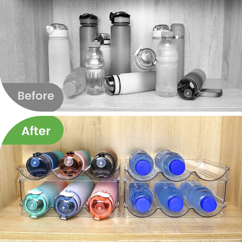 Heavy Duty Water Bottle Organizer For Cabinet Stackable Pantry Storage Rack Clear Shatter Proof Holder No Sweat Organization Big Time Space Saver Used For Kitchen Counter And Fridge Two Pack showing before and after organization.