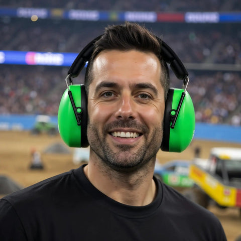 Person wearing Professional Safety Ear Muffs With 37 dB NRR For Shooting And Industrial Use in stadium with cushioned headband