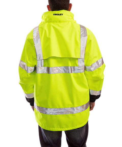 Back view of Icon 3.1 Hi Vis Jacket With Phase 1 Black Fleece Liner, Attached Hood, Large, Fluorescent Yellow Green, Reflective Tape