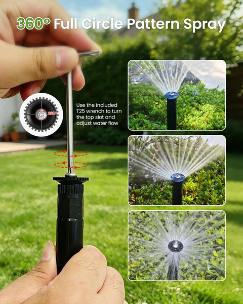 Hand adjusting Adjustable Arc Spray Nozzles 8 to 17 Ft Radius Full Coverage Lawn Sprinkler Heads for optimal water distribution.