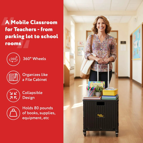 Teacher pulling Quik Cart 360 Rolling Crate With Wheels Collapsible Utility Cart For Teachers On The Go And Home Use Heavy Duty Folding Cart With Seat Telescoping Handle 80 Lb Capacity Durable Steel Frame Black in school hallway.