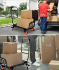 Folding steel hand truck with orange four-wheel casters, 500lb capacity, for moving boxes and luggage.