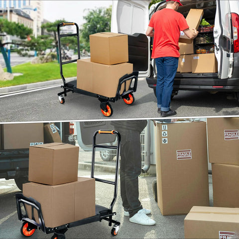 Folding steel hand truck with orange four-wheel casters, 500lb capacity, for moving boxes and luggage.
