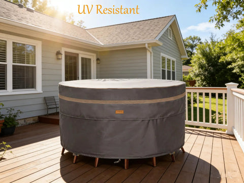 Heavy Duty Round Patio Table And Chair Cover 84 Inch Diameter 28 Inch High Waterproof UV Resistant Dark Grey installed outdoors