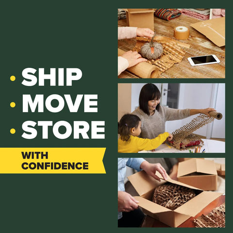 People using Green Packing Cushion Wrap That Expands To Fill Any Box, 12 Inch By 50 Foot, Eco Friendly for moving and packing.